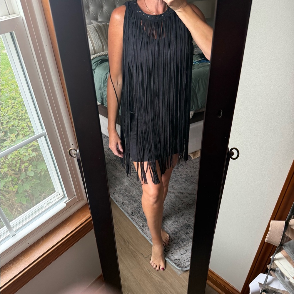 TCEC Black Halter Tiered Fringe Mini Dress